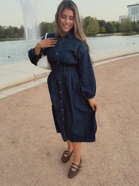 Sweet Gathered Denim Dress