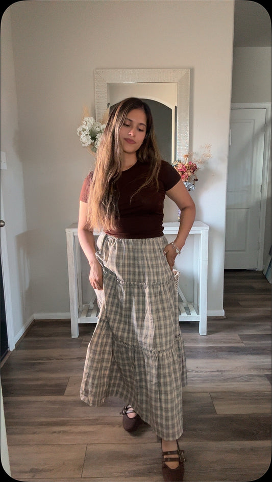 The Coffee Date Check Midi Skirt