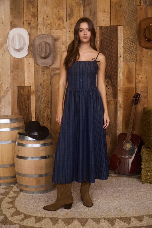 Midnight Corset Denim Midi Dress