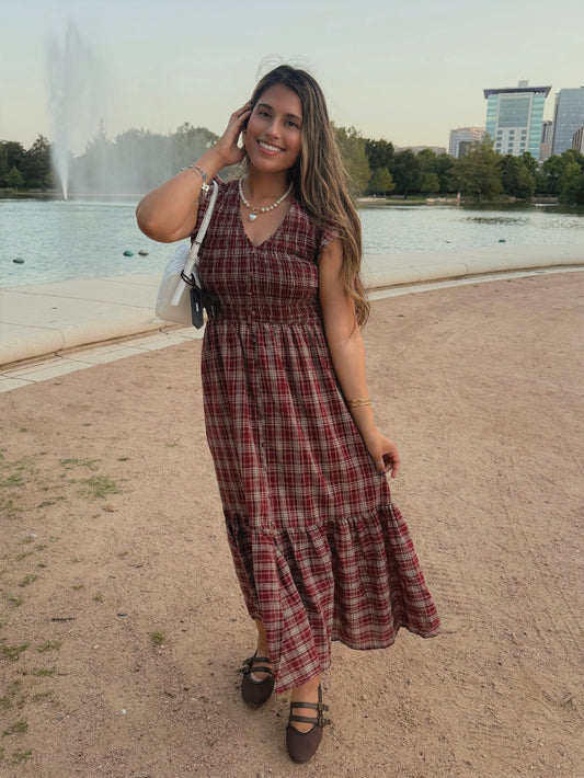 Fireside Flutter Midi Dress (Burgandy)