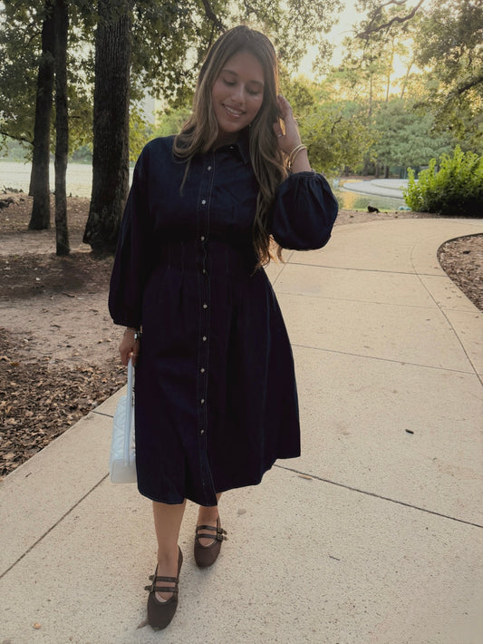Sweet Gathered Denim Dress