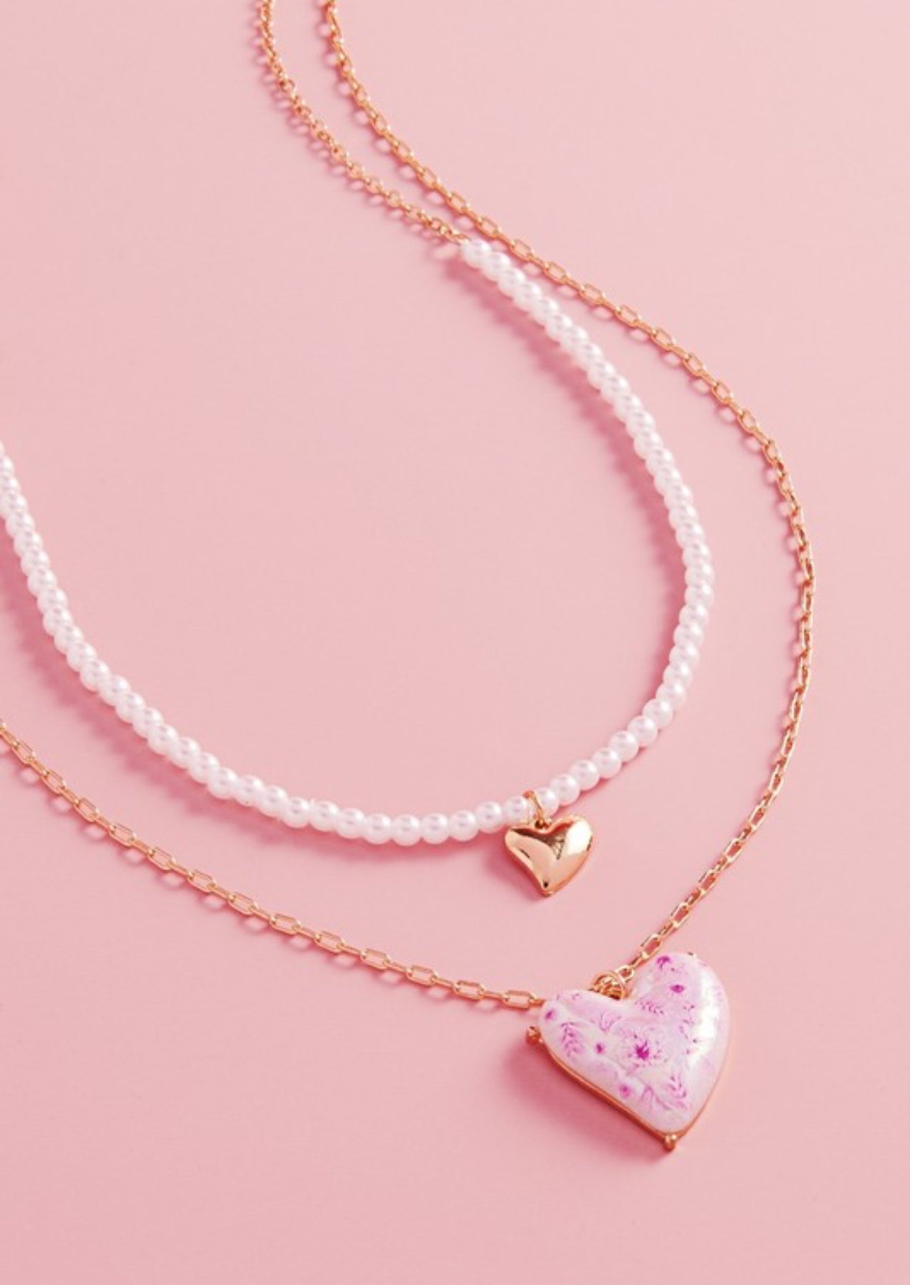 Pink Flower Heart Pearl Necklace