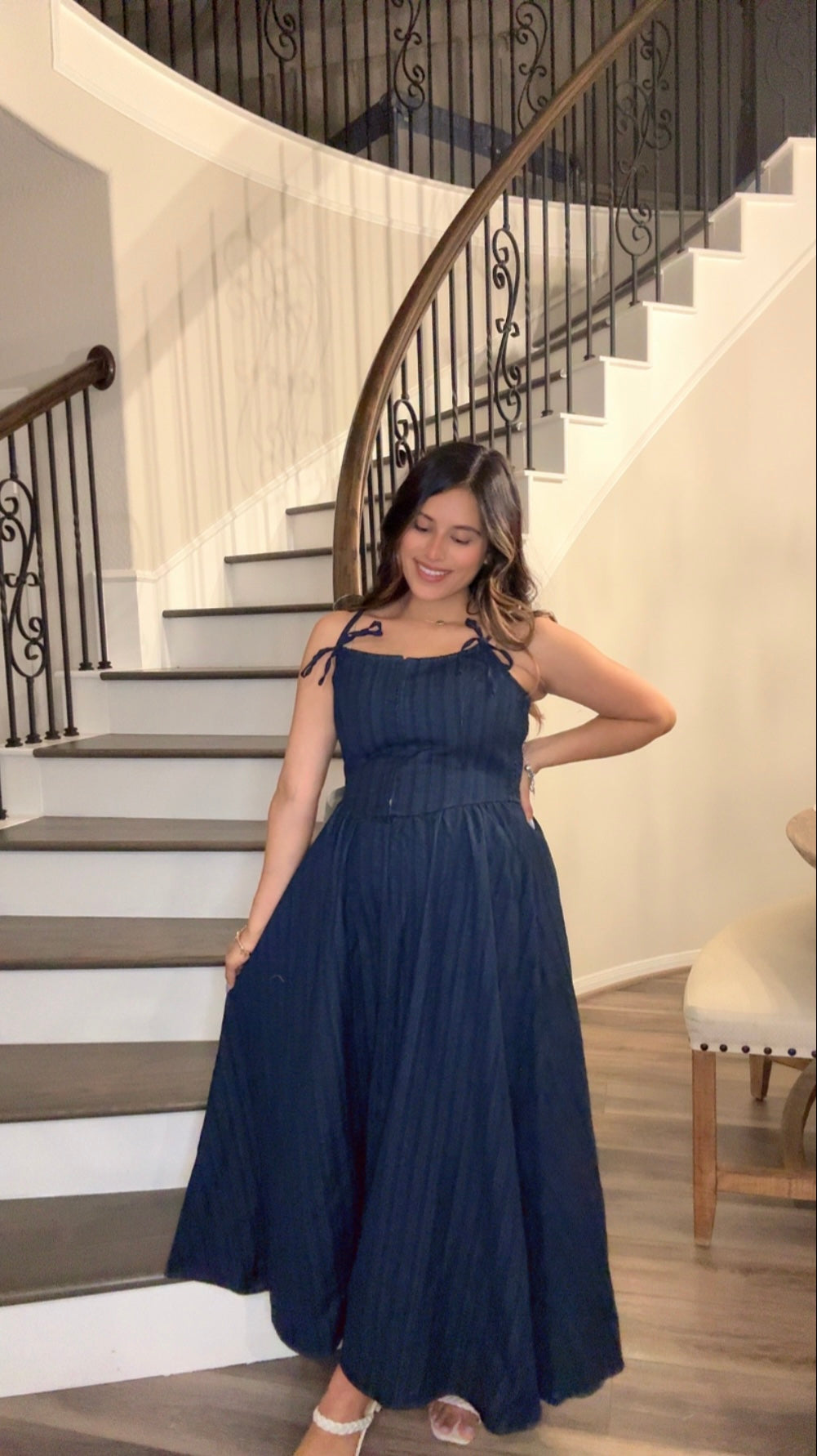 white christmas dresses Denim Corset Midi Dress with Puff Sleeves and Contrast Bodice – Goose main image 0
