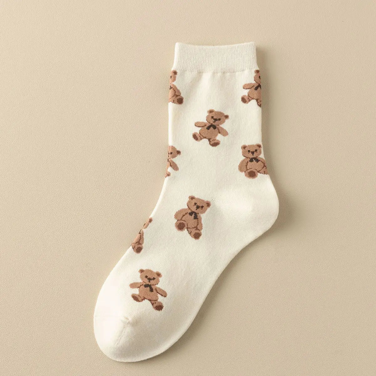 Brown Bear Pattern Crew Socks (WHITE)