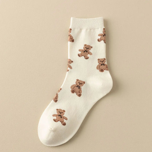 Brown Bear Pattern Crew Socks (WHITE)