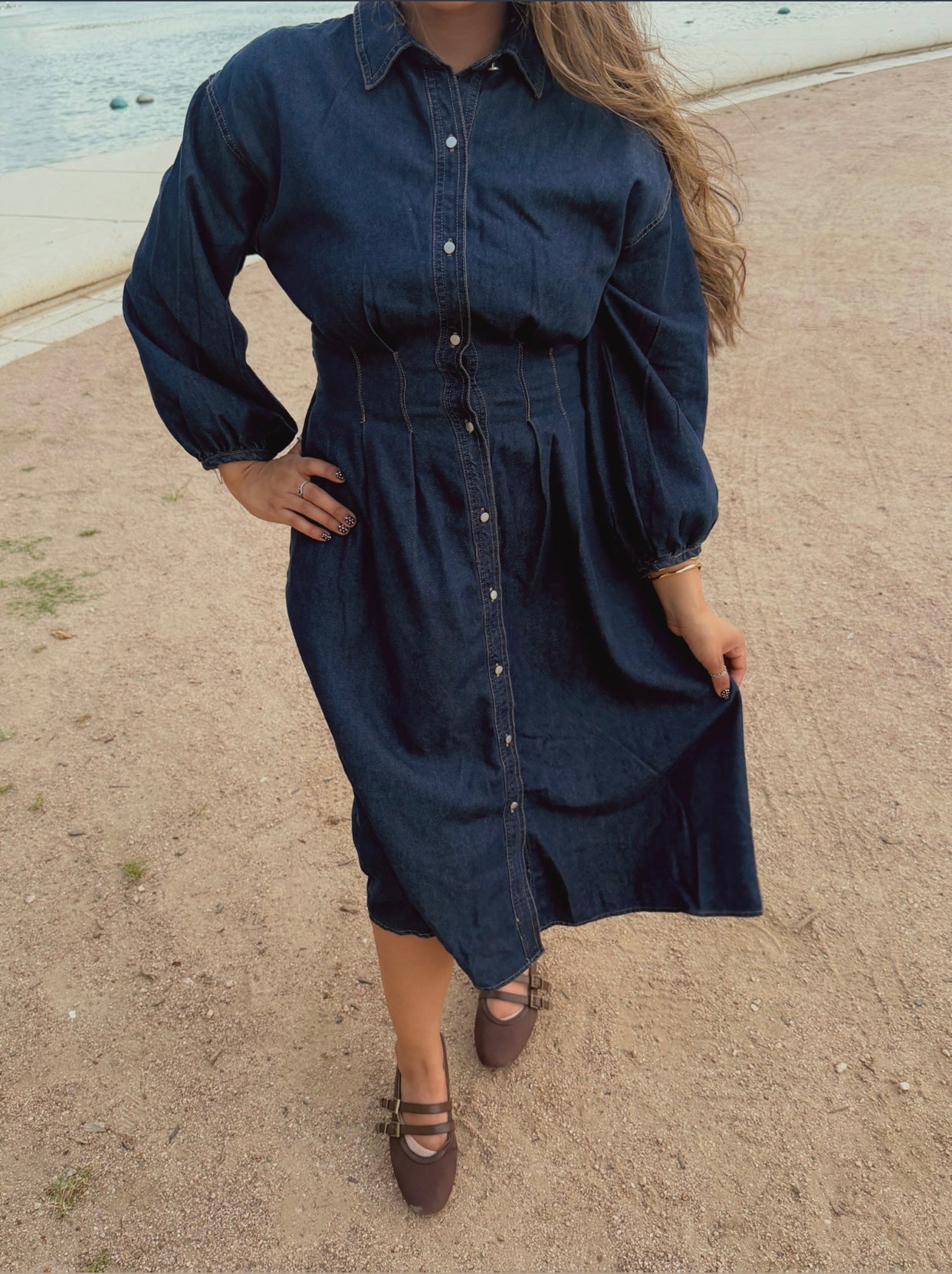 Sweet Gathered Denim Dress