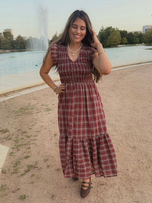 Fireside Flutter Midi Dress (Burgandy)