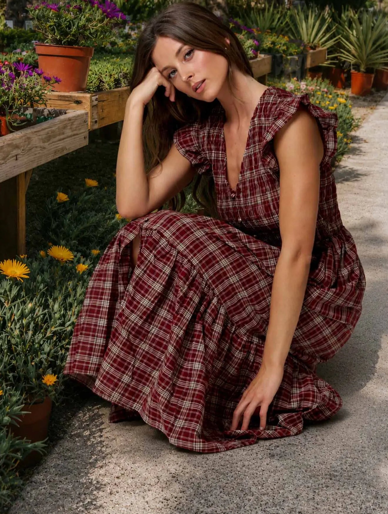 Fireside Flutter Midi Dress (Burgandy)