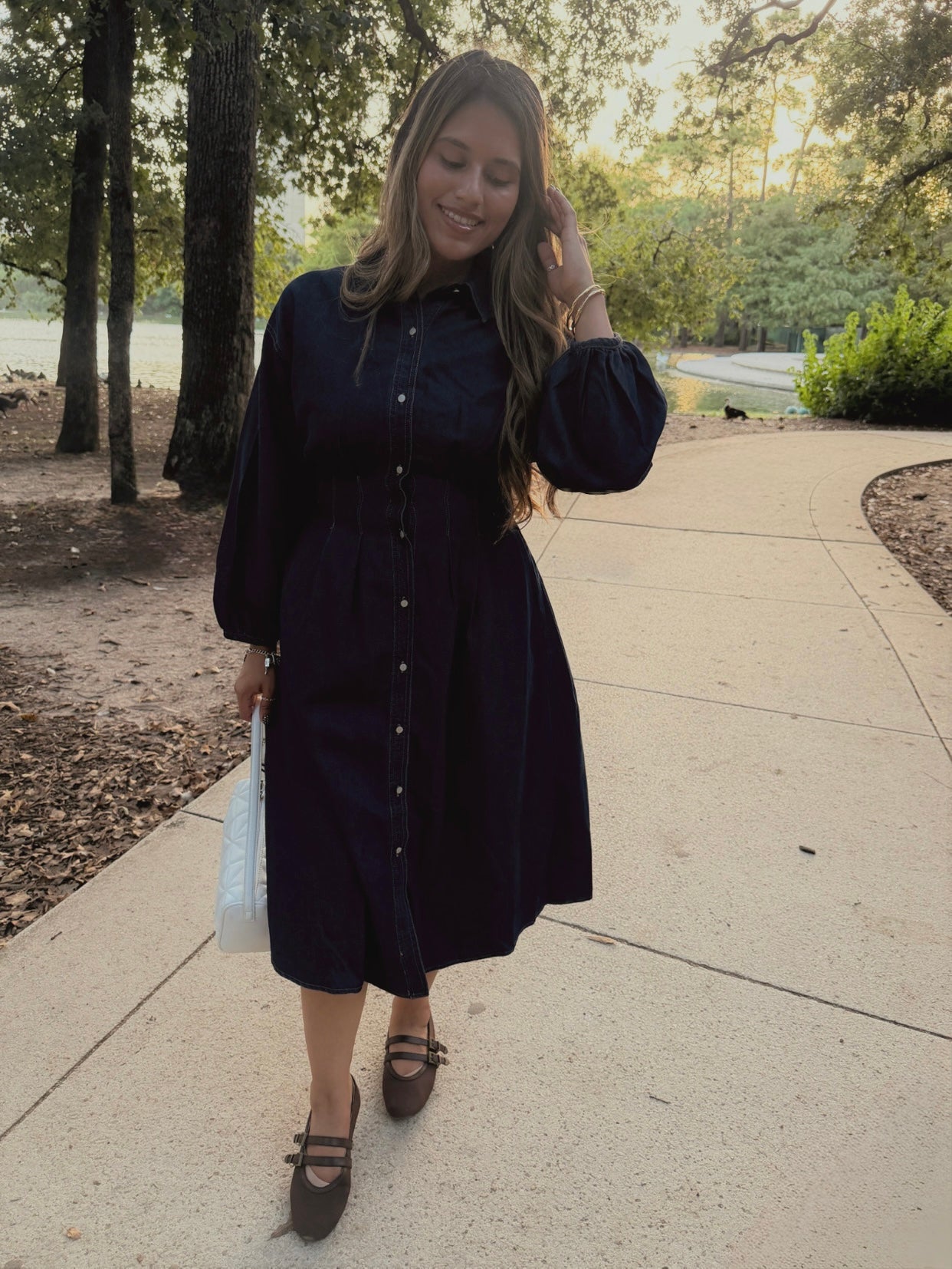 Sweet Gathered Denim Dress