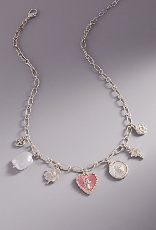 Heart Star Charm Necklace (Vintage Silver)